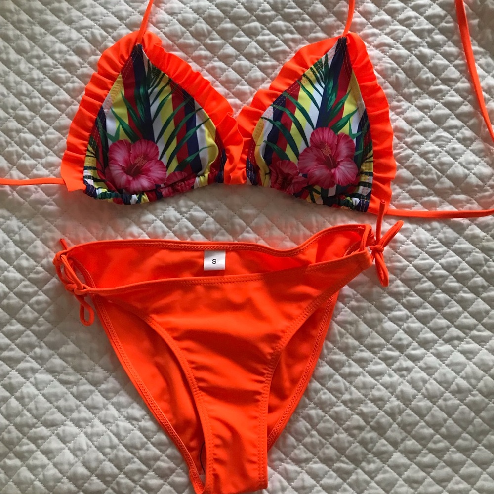 NWOT Neon Orange Floral Print Bikini Set Sz Sm